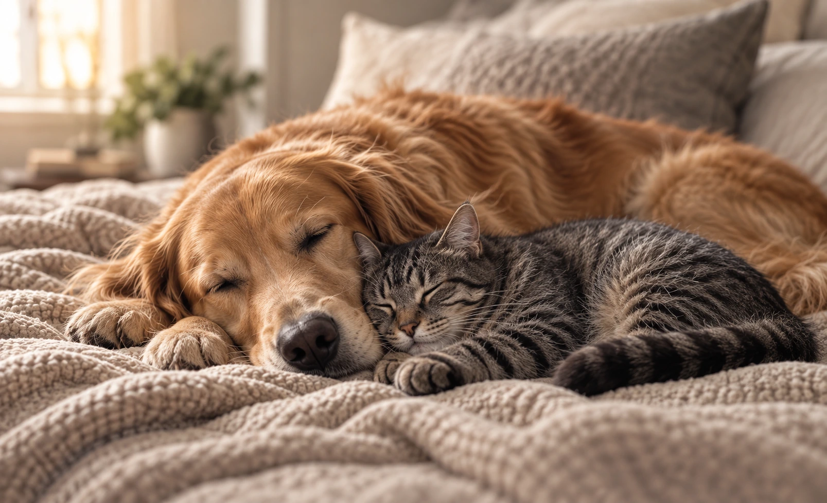 A dog and cat sleeping together