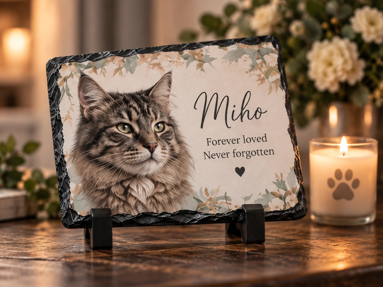 Personalised memorial stone for Miho beside a memorial candle