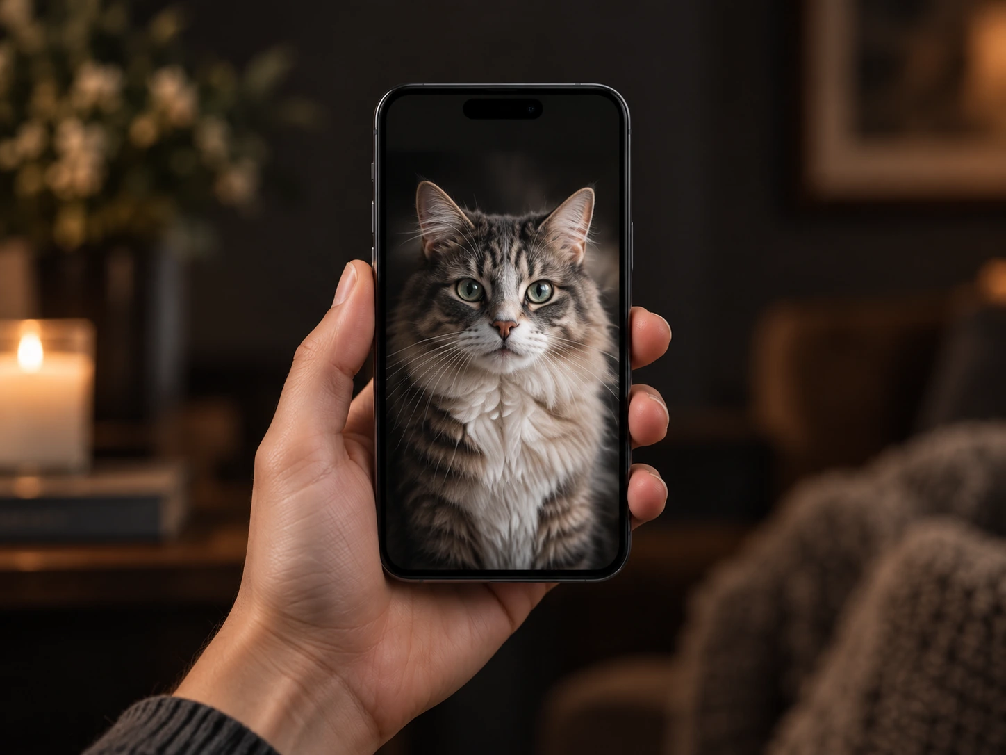 A hand holding a phone with a cat photo