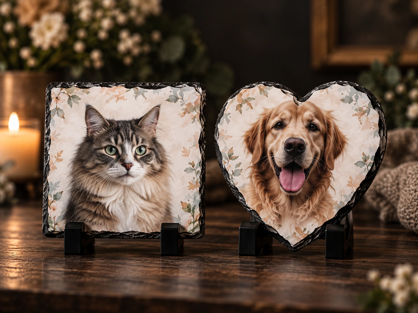 A cat memorial stone and a dog heart memorial stone